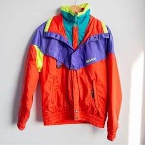 Vintage Nevica Neon Colorblock Ski Jacket Hooded Retro Snowboard Coat Size 40